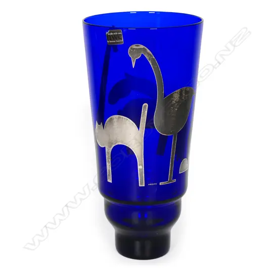 Rosenthal Egizia (Italian) art glass tall vase designed by Sottsass - heavy cobalt blue bowl decorated with hand silk-screened animals in ‘Argento’ (sterling silver). Labelled and etched marks. H.288mm.