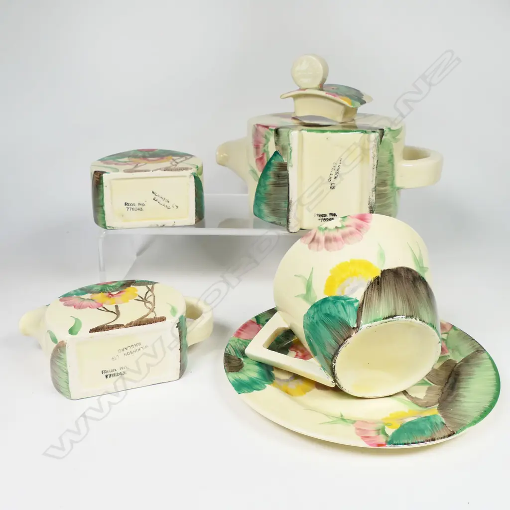 Clarice Cliff ' Viscaria' pattern Batchelor's tea set - comprising Bonjour shape tea pot, sugar, cream and cup and saucer. Wilkinson mark. Tea pot H.135mm. Image 1++