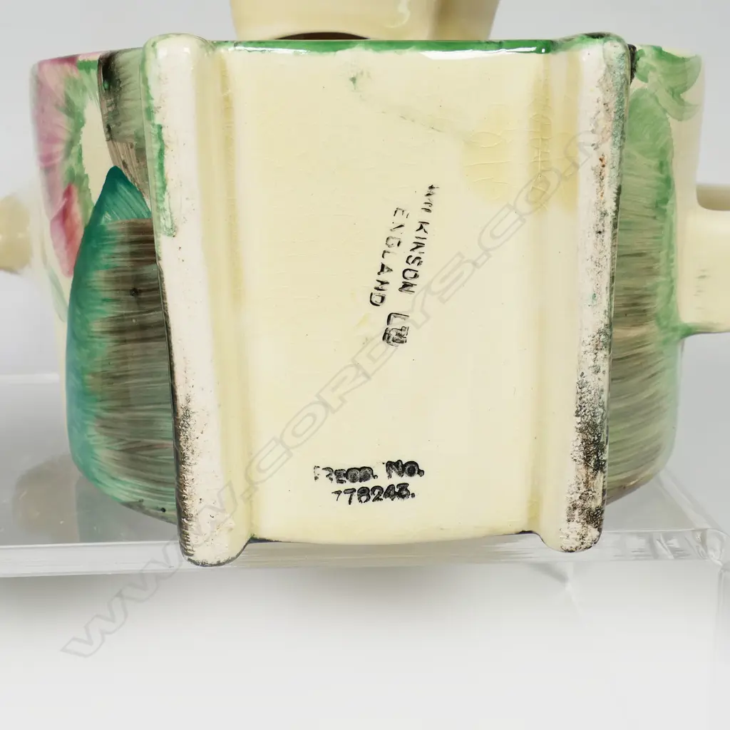 Clarice Cliff ' Viscaria' pattern Batchelor's tea set - comprising Bonjour shape tea pot, sugar, cream and cup and saucer. Wilkinson mark. Tea pot H.135mm. Image 1++