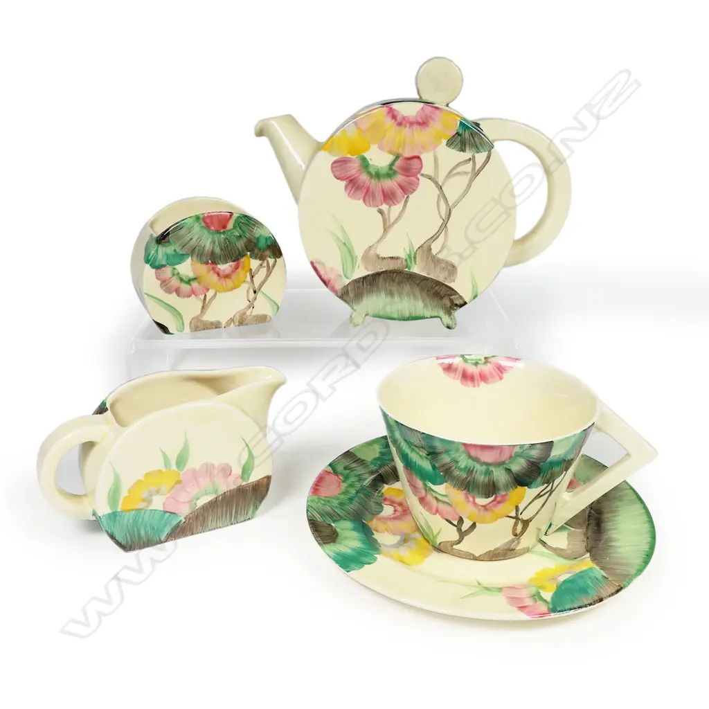 Clarice Cliff ' Viscaria' pattern Batchelor's tea set - comprising Bonjour shape tea pot, sugar, cream and cup and saucer. Wilkinson mark. Tea pot H.135mm. Image 1++