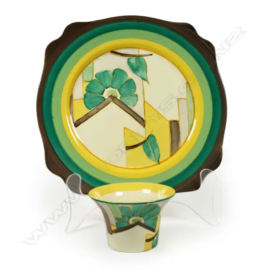 Two Clarice Cliff Bizarre Moonflower pattern pieces - both in the green colourway, includes a plate (Dia.227mm) with shaped border and a small flared pot. H.55mm.