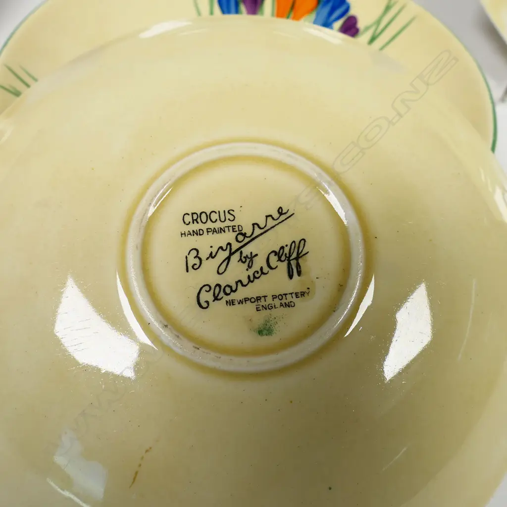 Eight Clarice Cliff Crocus pattern plates - includes a circular plate. Dia 227mm. Plus an octagonal small plate and a set of six saucer dishes Dia.145mm. Image 1++