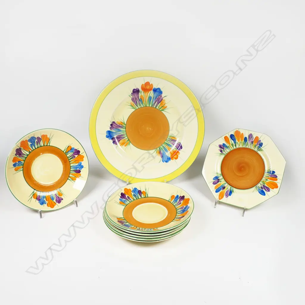Eight Clarice Cliff Crocus pattern plates - includes a circular plate. Dia 227mm. Plus an octagonal small plate and a set of six saucer dishes Dia.145mm. Image 1++