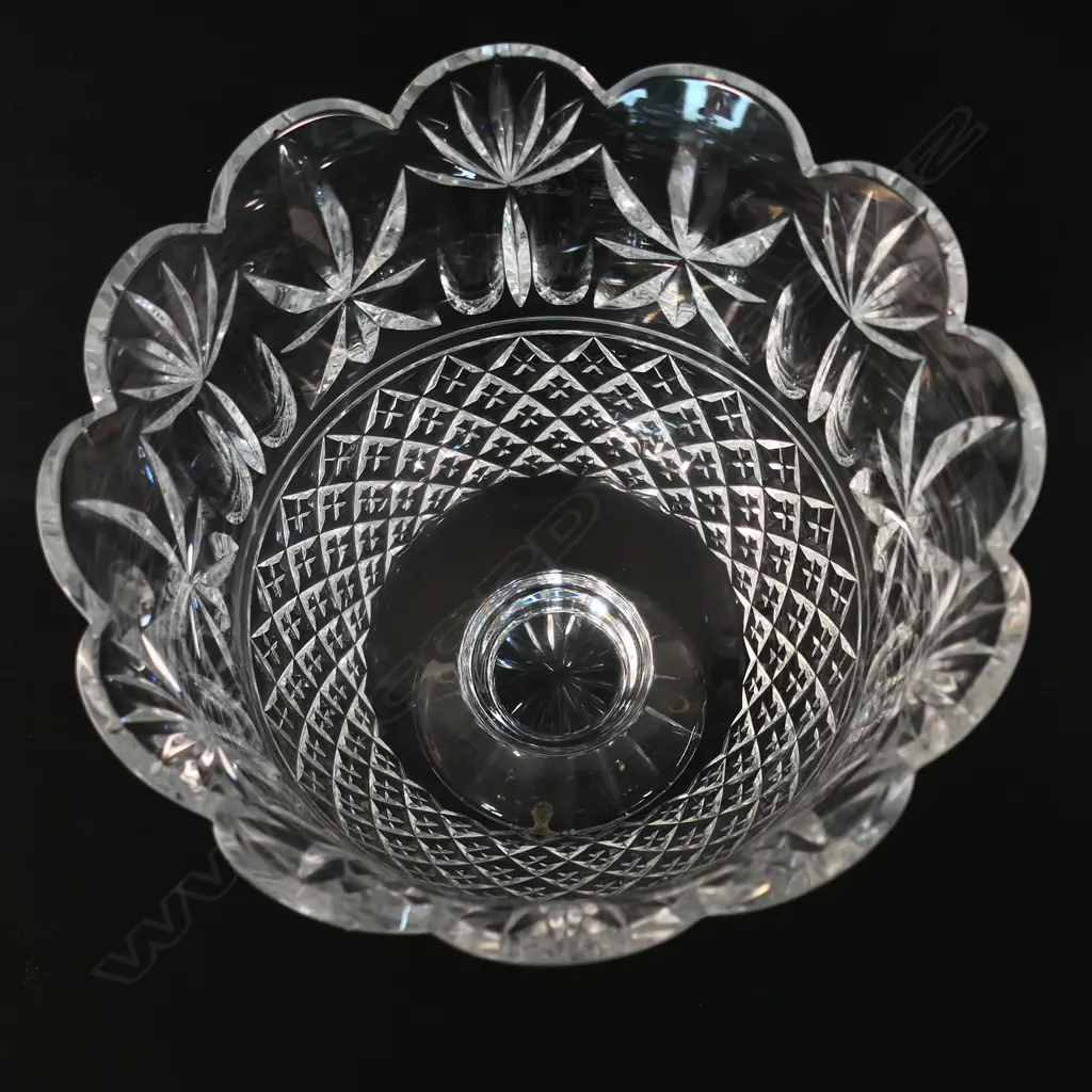 A large Waterford crystal pedestal footed tall bowl - floral fan and diamond cut type decoration. Star cut foot presentation engraved and dated 1998. H.260mm Dia.245mm. Image 1++