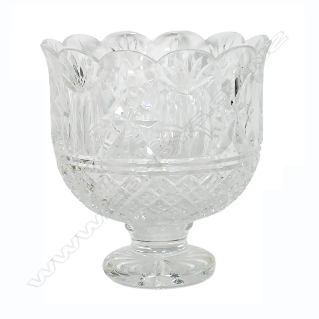 A large Waterford crystal pedestal footed tall bowl - floral fan and diamond cut type decoration. Star cut foot presentation engraved and dated 1998. H.260mm Dia.245mm. Image 1++