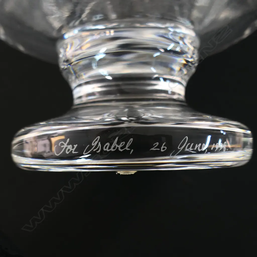 A large Waterford crystal pedestal footed tall bowl - floral fan and diamond cut type decoration. Star cut foot presentation engraved and dated 1998. H.260mm Dia.245mm. Image 1++