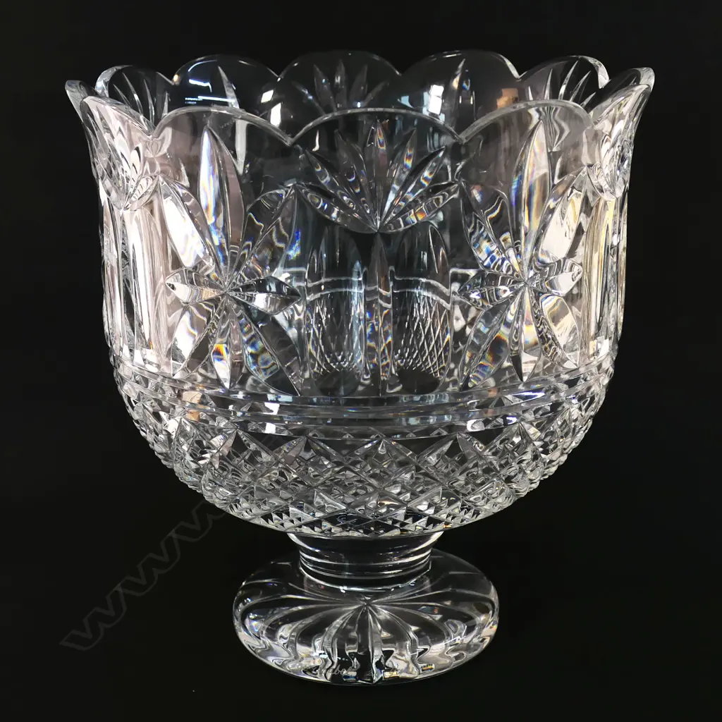 A large Waterford crystal pedestal footed tall bowl - floral fan and diamond cut type decoration. Star cut foot presentation engraved and dated 1998. H.260mm Dia.245mm. Image 1++