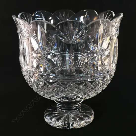 A large Waterford crystal pedestal footed tall bowl - floral fan and diamond cut type decoration. Star cut foot presentation engraved and dated 1998. H.260mm Dia.245mm.