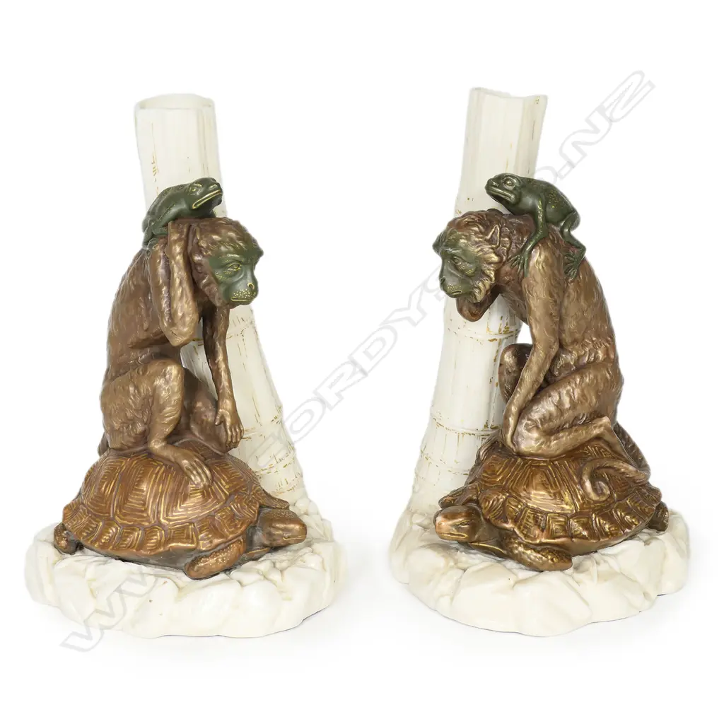 A pair of Victorian Royal Worcester figural stem vases - modelled as a turtle balancing a monkey and frog on its shell, beside a bamboo formed vase, on a rock formation, impressed factory stamp to base. Printed and impressed marks 1872 H.230mm. Image 1++