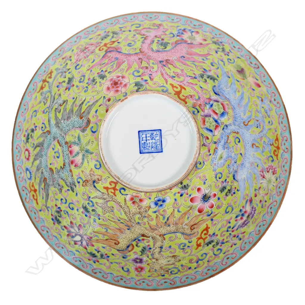 A fine quality Chinese all over floral enamelled dish - flared form, the fine floral (100 flowers) decoration incorporating green and red dragons. Four-character Qianlong mark in kaishu script in blue enamel to the base. Dia.207mm. Purchased Webb's 23.07.23 $9,560. Catalogued as Republic period. Image 1++