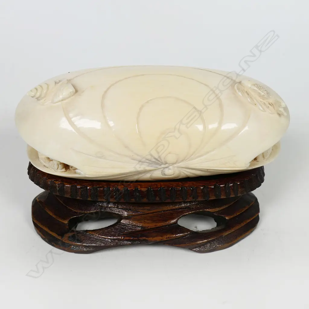 A Chinese carved ivory dream shell - of good size, the partially open shell with scene of multiple figures, trees, pagoda and more. Sea themes to the top. On carved wood stand. W.115mm. Image 1++