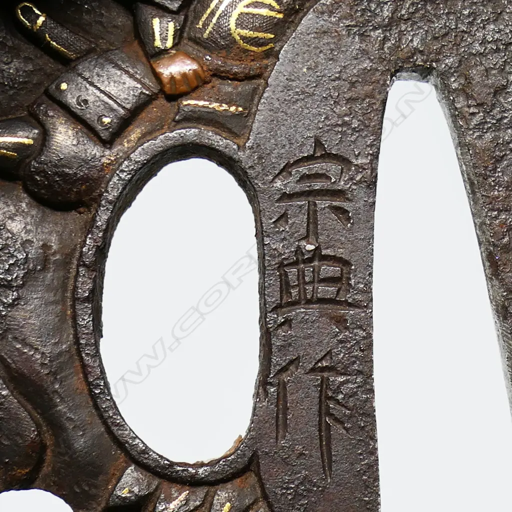 A fine old Japanese katana - possibly 16thC Mino school, unsigned, original polish with healthy undulating gunome temper, no flaws to the blade. Old mounts with Fuchi and Kojiri in dark Shibuichi carved with waves and gold highlights. Menuki of Shakudo and gold in floral design. The iron Tsuba in open design with samurai figures by a bridge. Quality black lacquer saya with maroon Sageo and fine blue/gold silk bag. L. 900mm. Image 1++