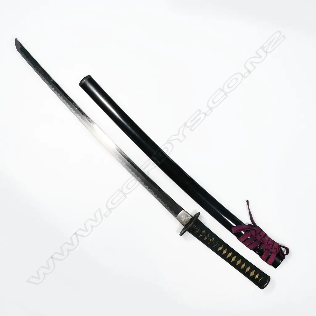 A fine old Japanese katana - possibly 16thC Mino school, unsigned, original polish with healthy undulating gunome temper, no flaws to the blade. Old mounts with Fuchi and Kojiri in dark Shibuichi carved with waves and gold highlights. Menuki of Shakudo and gold in floral design. The iron Tsuba in open design with samurai figures by a bridge. Quality black lacquer saya with maroon Sageo and fine blue/gold silk bag. L. 900mm. Image 1++