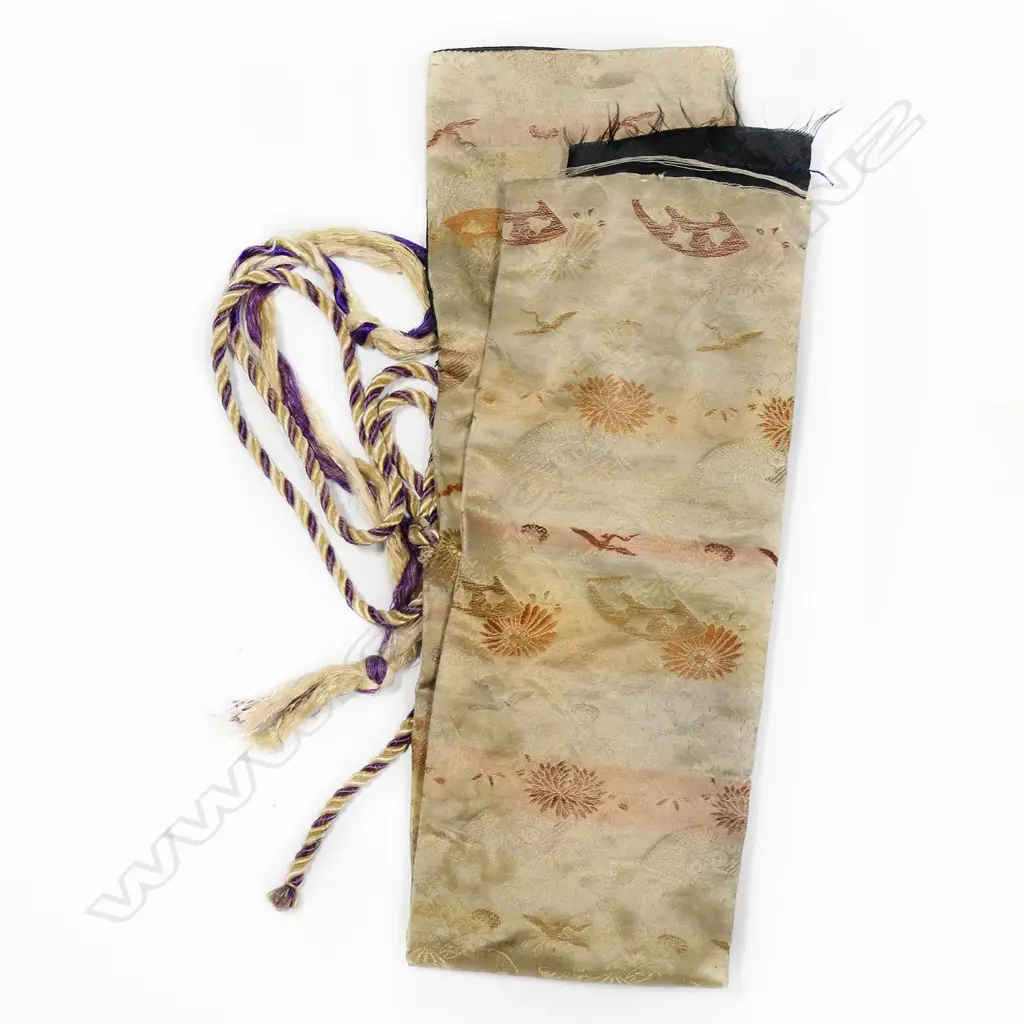 A Japanese late 18th/early 19thC tanto - unsigned Hirazukuri blade in good polish with midare temper. Nice old mounts in excellent condition. Shakudo Tsuba, Fuchi Kashera with heron and figure with gold highlights, Shakudo double horse menuki. Fine black lacquer Saya with sash cord. Original old sword silk bag showing wear. L.530mm. Image 1++