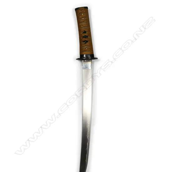 A Japanese late 18th/early 19thC tanto - unsigned Hirazukuri blade in good polish with midare temper. Nice old mounts in excellent condition. Shakudo Tsuba, Fuchi Kashera with heron and figure with gold highlights, Shakudo double horse menuki. Fine black lacquer Saya with sash cord. Original old sword silk bag showing wear. L.530mm.