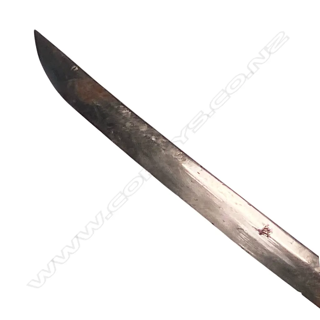 A Japanese wakizashi with wrapped rayskin hilt with matched fuchi-kashira, lotus menuki, cast iron tsuba with dragon amongst clouds. 330mm blade with patches of oxidisation and edge chips. Plain wood scabbard with copper mounts. Overall L.495mm, Image 1++