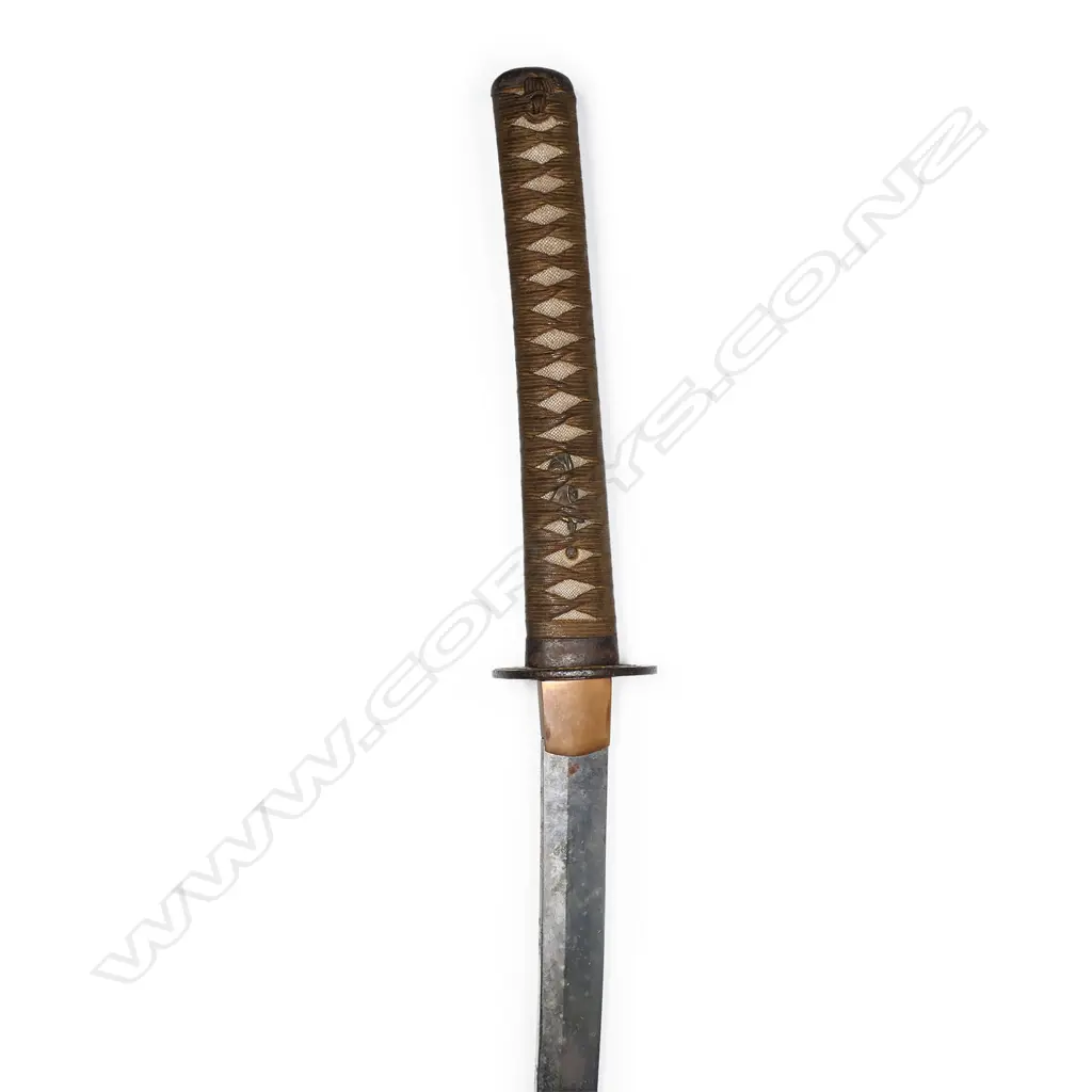 A Japanese katana - with cloth bound ray skin covered hilt with menuki, the tang with single fixing hole, tsuba with landscape decoration. Small area of pitting to blade and other slight oxidation. Blade L.710mm. Overall in lacquer scabbard with some faults 1050mm. Image 1++