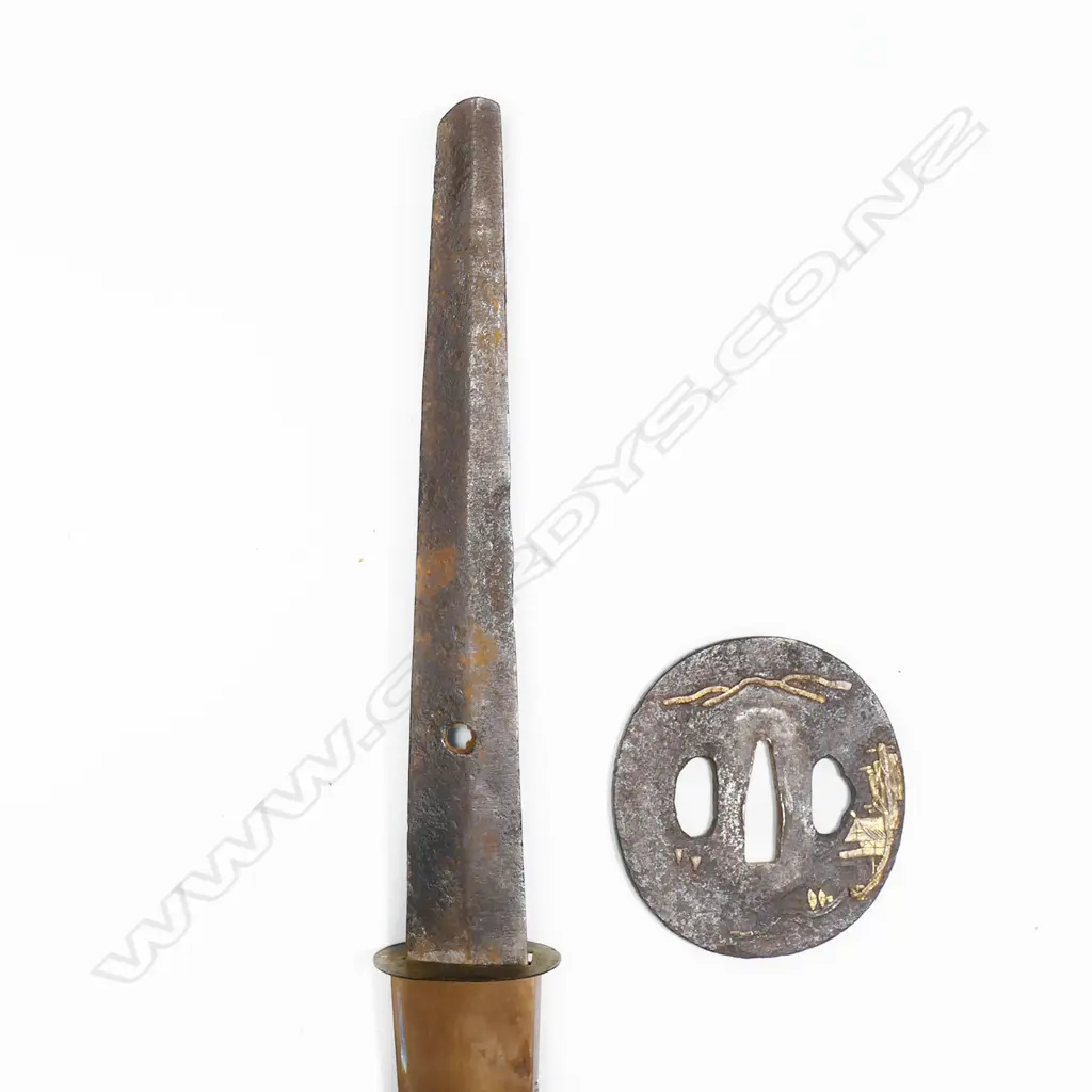 A Japanese katana - with cloth bound ray skin covered hilt with menuki, the tang with single fixing hole, tsuba with landscape decoration. Small area of pitting to blade and other slight oxidation. Blade L.710mm. Overall in lacquer scabbard with some faults 1050mm. Image 1++