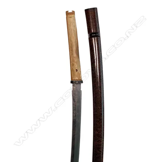 A Japanese katana blade in lacquer saya - L.610mm blade with few areas of surface oxidisation, unsigned tang with three fixing holes, hilt lacking all mounts except fuchi. Black saya with golden hatched pattern, a long bevel to one side revealing an alternate interior pattern. Overall in saya L.880mm,