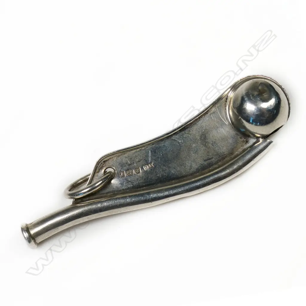 An Edwardian silver bosun's whistle - presentation engraved 'H.O & R.B. 2-6-06'. Birmingham 1905 by Gorge Unite. Image 1++