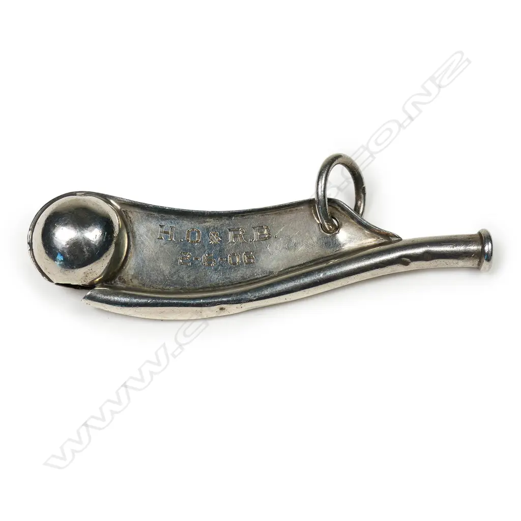 An Edwardian silver bosun's whistle - presentation engraved 'H.O & R.B. 2-6-06'. Birmingham 1905 by Gorge Unite. Image 1++