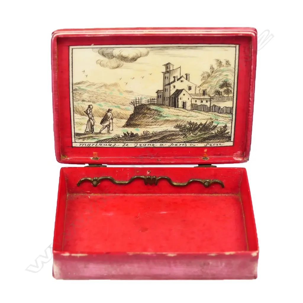 A French Lois XV painted Asian themed ivory gaming or card box - the lid with red and green stained incised scrimshaw like scene of a woman and attendant seated on a camel, entitled 'L'Assie' (Asia). The interior with decorative hinge and incised scene of a large rural building. The base with a heart decorated playing card. 80 x 60 x 15mm. Image 1++
