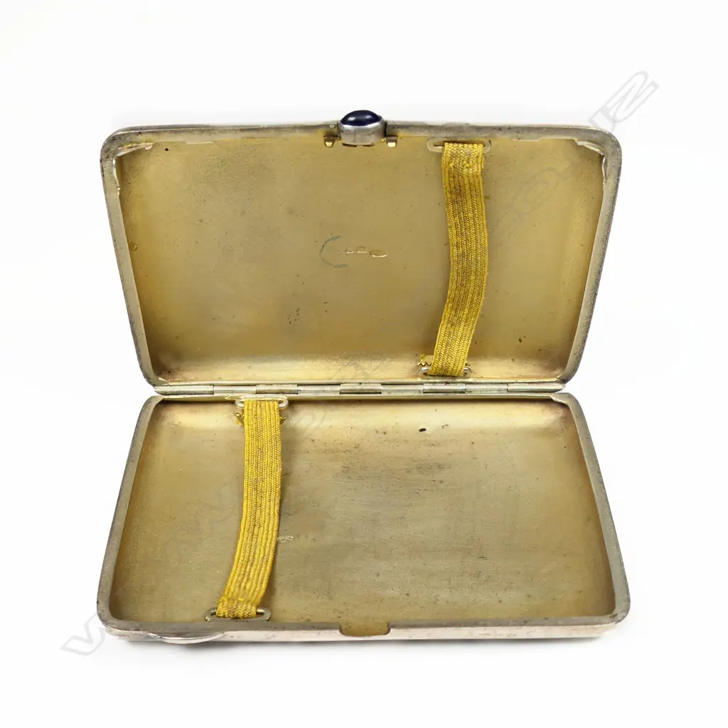 A 19thC Russian niello silver cigarette case - finely decorated with figures in horse drawn sliegh and leafy scrolls. Blue gem to the thumbpiece. Maker's mark for Pyotr Ambrosimov of Moscow 1869 - 1908. Image 1++