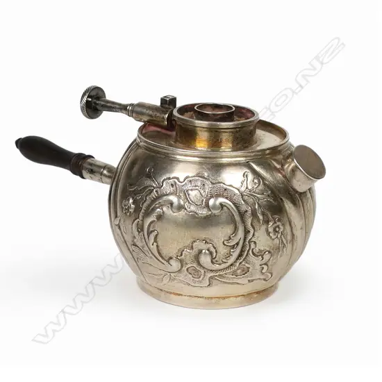 A 19thC European embossed silver table lighter - with floral and scroll framed cartouche and wrythen lobed spherical body. Adjustable wick and turned wood handle. Typically for lighting of cigars. H.65mm.