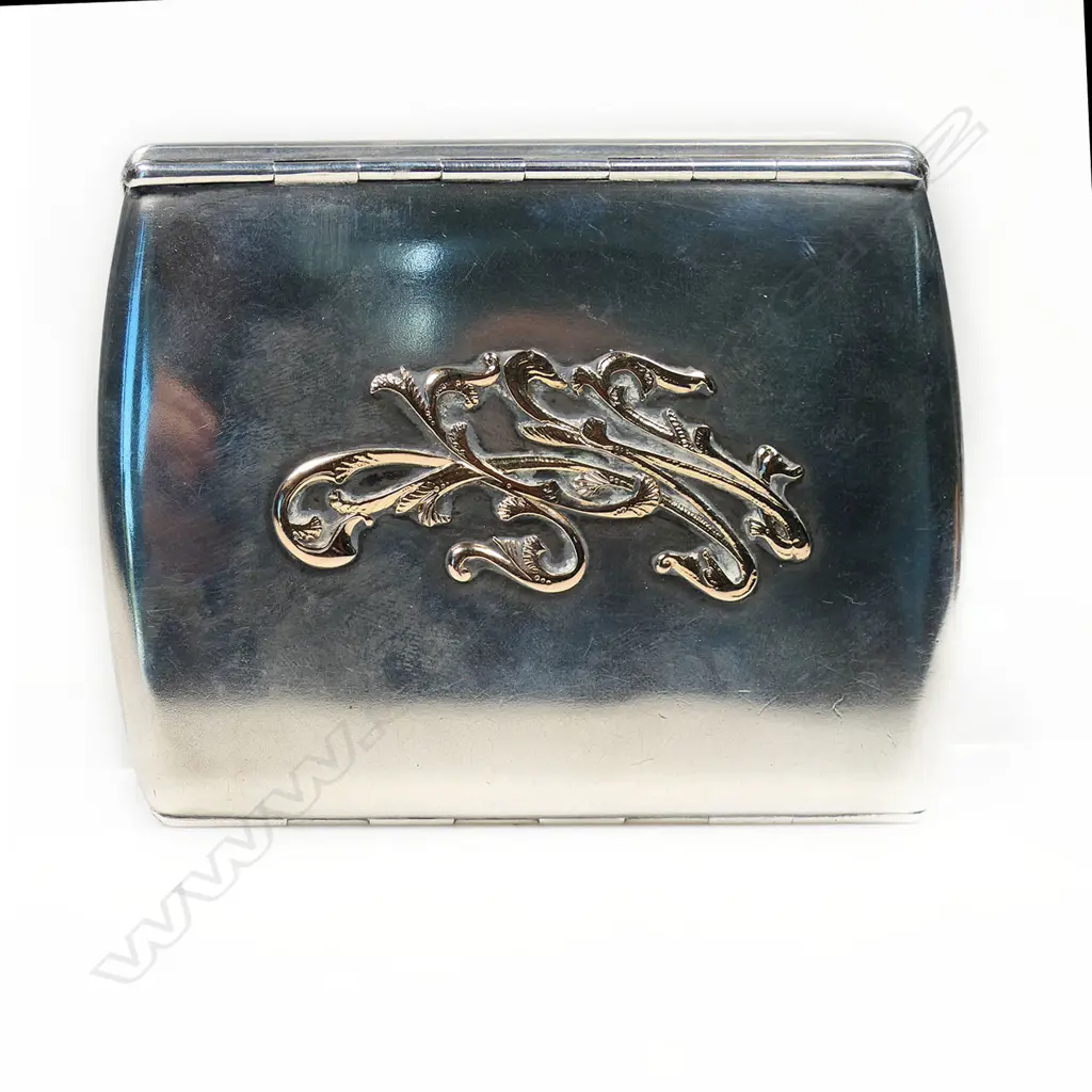 A c.1900 Russian silver folding hinged cigarette case - gold applied script initials and thumb piece set with blue stone. Impressed marks. 136gms. Image 1++