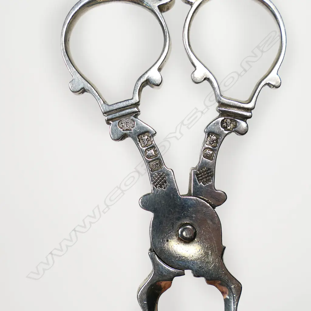 An Edwardian silver pair of Georgian style sugar scissor nips - shell bowls. London 1902 by William Hutton & Sons Ltd. 32gms. Image 1++