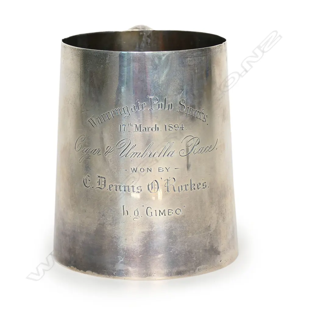 A 19thC New Zealand historical silver mug - presentation engraved 'Warrengate (Whanganui) Polo Sports 17th March 1894 Cigar & Umbrella Club Race Won by ...' Birmingham 1883 by W Spurrier & Co. H.105mm. 215gms. In original leather and gilded fitted case. Image 1++