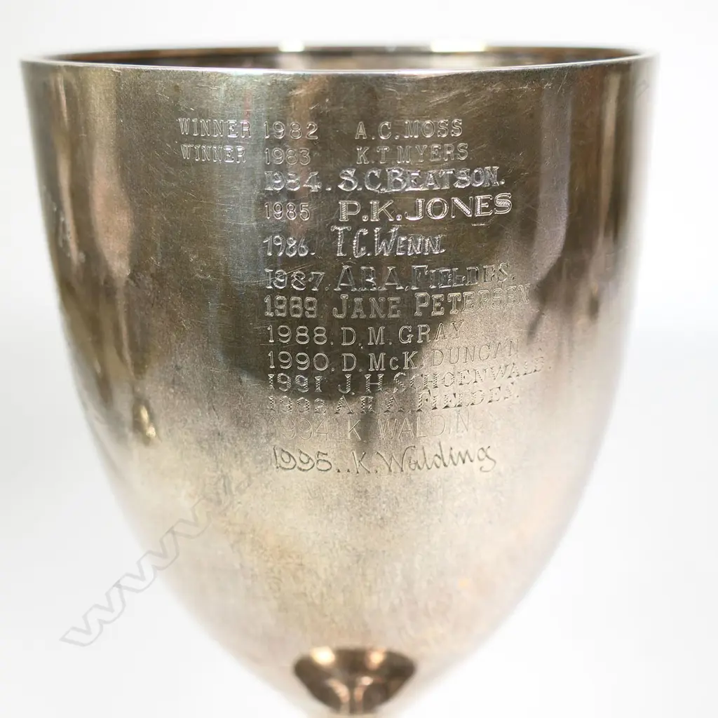 The New Zealand historic 'H.B. HUNT CLUB CUP 1905' - presentation engraved 'Won by E. S. Petits ‘MEPHISTO’, engraved with three jumping horses and riders. Birmingham 1903. H.270mm. 440gms. Image 1++