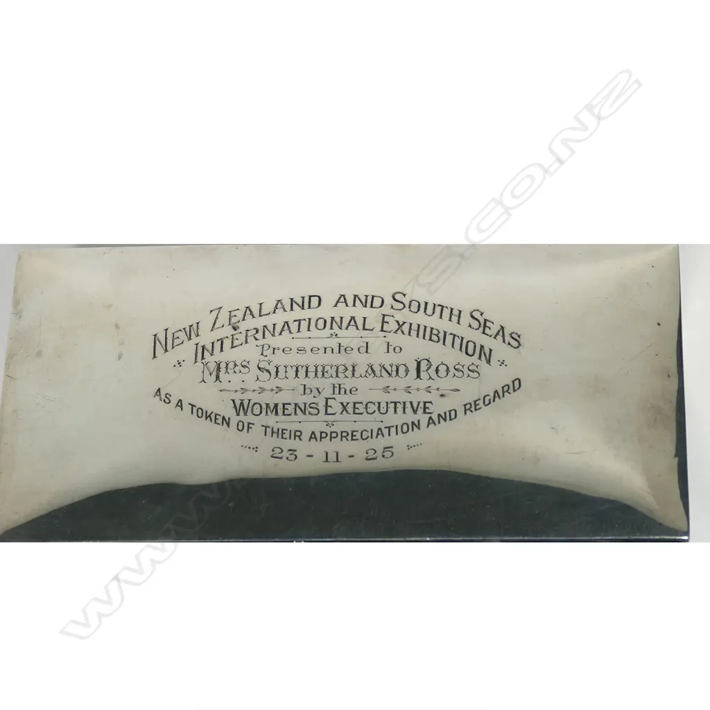 A 'New Zealand And South Seas International Exhibition' silver presentation box - the lid engraved as above and 'Presented to Mrs Sutherland Ross by the Women's Executive As A Token Of Their Appreciation And Regard. 23-11-25'. Birmingham 1923 L.180mm. 509gms total. Image 1++
