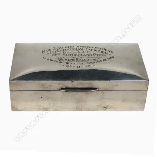 A 'New Zealand And South Seas International Exhibition' silver presentation box - the lid engraved as above and 'Presented to Mrs Sutherland Ross by the Women's Executive As A Token Of Their Appreciation And Regard. 23-11-25'. Birmingham 1923 L.180mm. 509gms total.