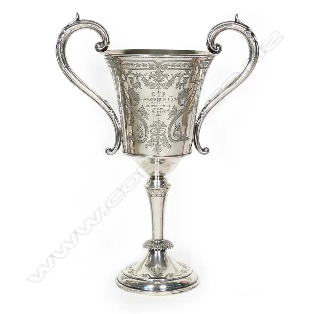 The New Zealand historic 1886 and 1890 silver 'Papakaio Ploughing Match' trophy cup - 'Won by AlexR. Hall'. Engraved to the reverse 'CUP For Champion Lot On Field to Be Won Twice by Same Competitor'. Large scrolling handles. Edinburgh 1882 for G & T Young Dunedin. H.325mm. 523gms. With stand. Image 1++