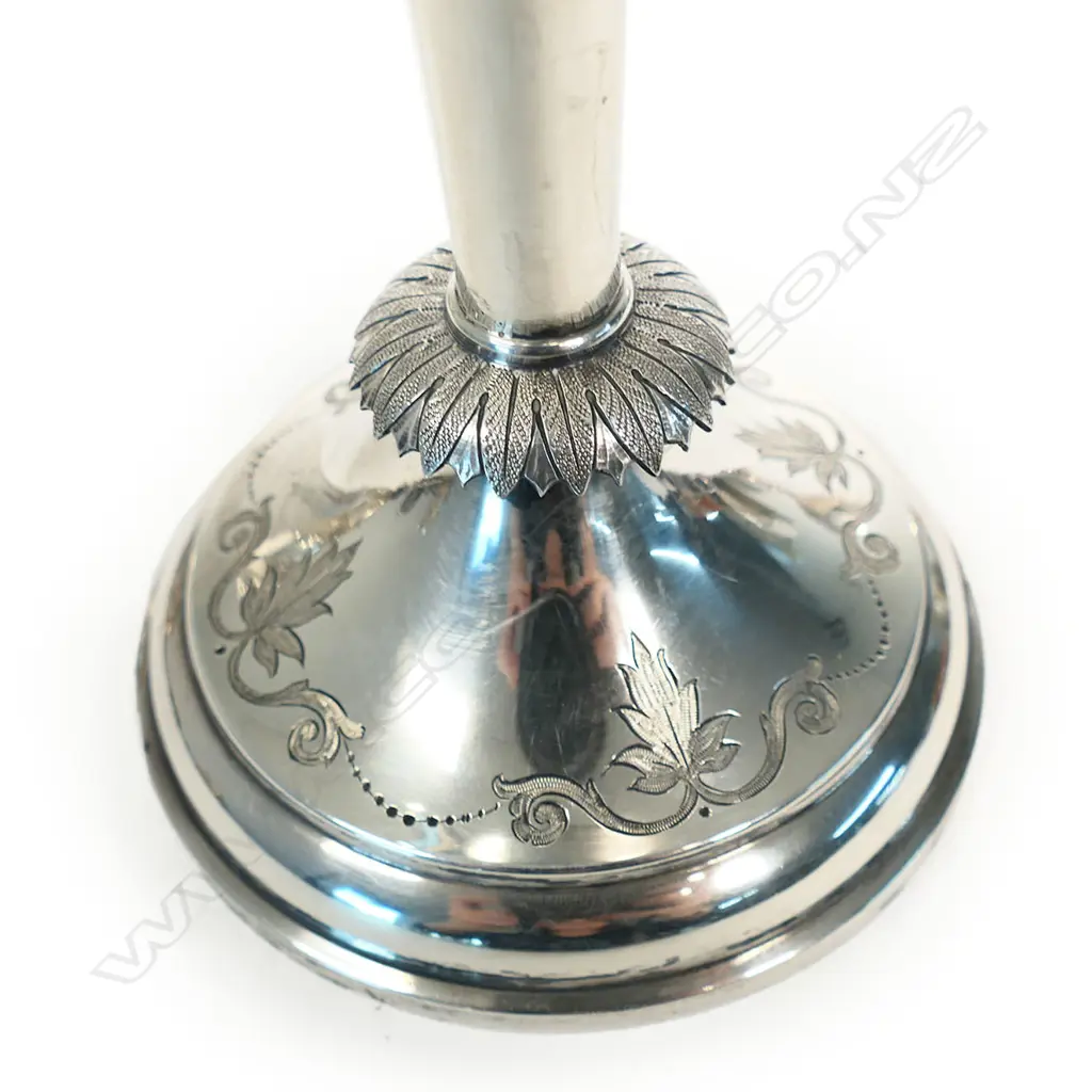 The New Zealand historic 1886 and 1890 silver 'Papakaio Ploughing Match' trophy cup - 'Won by AlexR. Hall'. Engraved to the reverse 'CUP For Champion Lot On Field to Be Won Twice by Same Competitor'. Large scrolling handles. Edinburgh 1882 for G & T Young Dunedin. H.325mm. 523gms. With stand. Image 1++