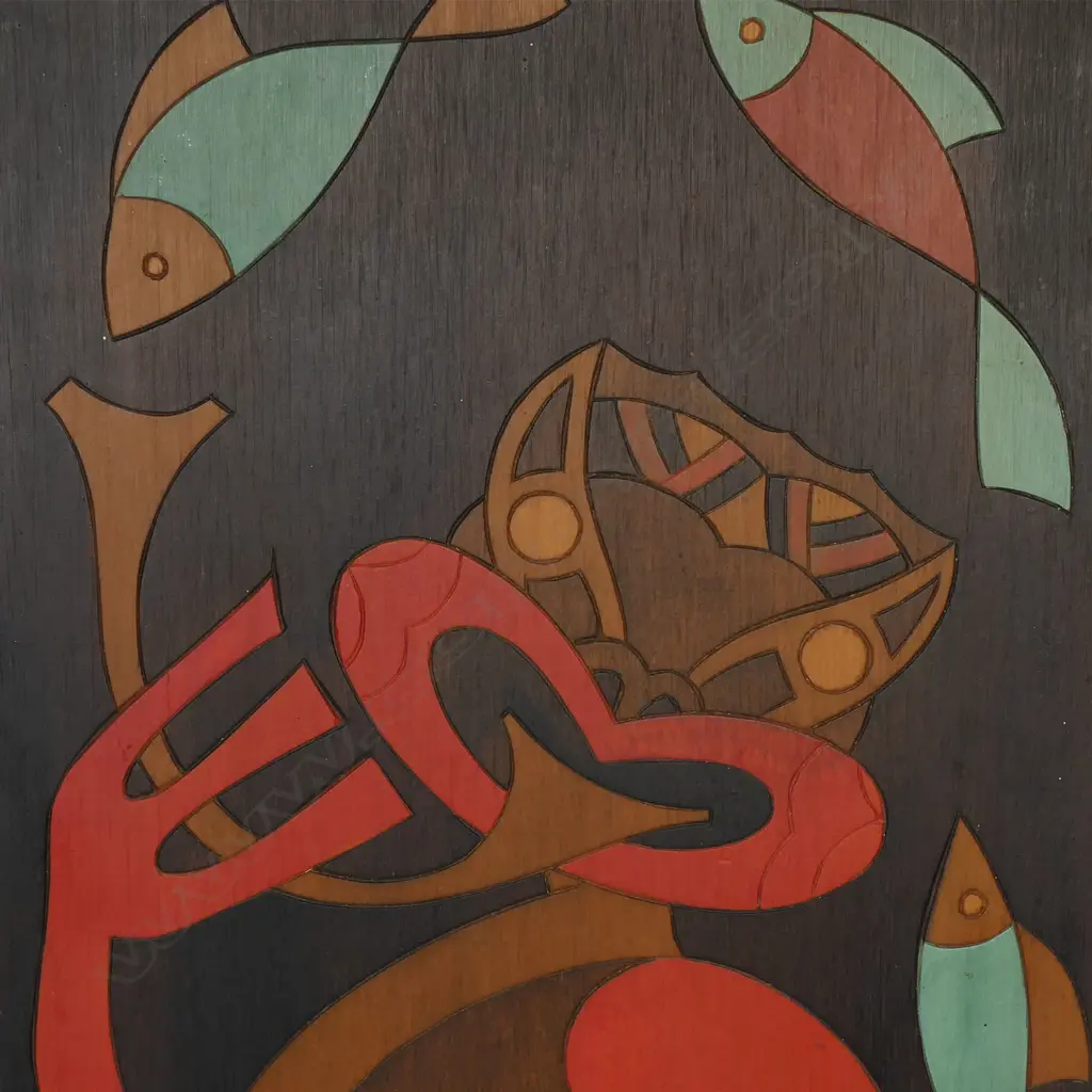 Pauline Yearbury (Ngāpuhi 1926–1977) and James Yearbury (1921-2008) 'MARAKI-HAU' - incised and coloured wood panel, signed with incised cipher lower left. Labelled and entitled verso 'A Sea Monster of Māori mythology, with a long tubular tongue used for sucking up men and canoes'. Another label detailed 'Designed and Executed by Pauline and James Yearbury, Colonial Gallery, Russell, Bay of Islands, N.Z'. 405 x 165mm, Image 1++