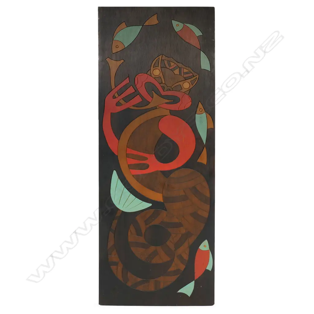 Pauline Yearbury (Ngāpuhi 1926–1977) and James Yearbury (1921-2008) 'MARAKI-HAU' - incised and coloured wood panel, signed with incised cipher lower left. Labelled and entitled verso 'A Sea Monster of Māori mythology, with a long tubular tongue used for sucking up men and canoes'. Another label detailed 'Designed and Executed by Pauline and James Yearbury, Colonial Gallery, Russell, Bay of Islands, N.Z'. 405 x 165mm, Image 1++