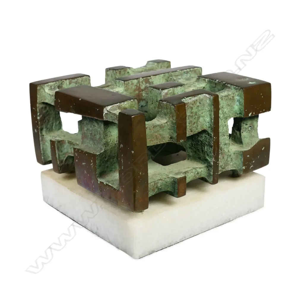 Guy Ngan (1926-2017) '95' (Habitation) - unique bronze sculpture, signed, numbered 95 and dated 1978. Raised on white alabaster base. 143 x 143 x 111mm. Provenance: Private estate Auckland, purchased Wellington c.1980. Image 1++