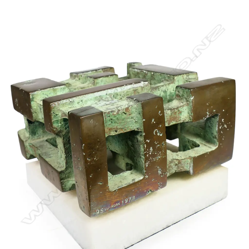 Guy Ngan (1926-2017) '95' (Habitation) - unique bronze sculpture, signed, numbered 95 and dated 1978. Raised on white alabaster base. 143 x 143 x 111mm. Provenance: Private estate Auckland, purchased Wellington c.1980. Image 1++