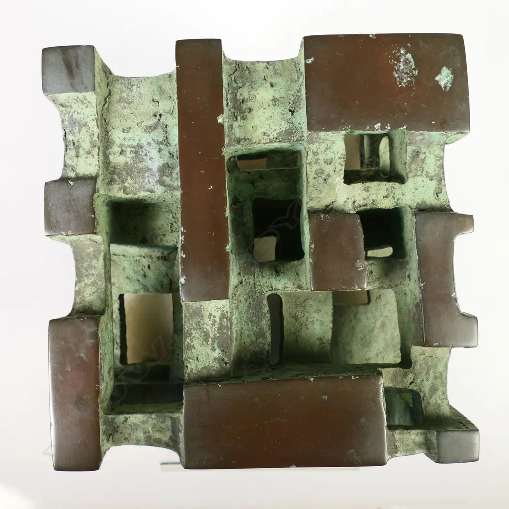 Guy Ngan (1926-2017) '95' (Habitation) - unique bronze sculpture, signed, numbered 95 and dated 1978. Raised on white alabaster base. 143 x 143 x 111mm. Provenance: Private estate Auckland, purchased Wellington c.1980. Image 1++