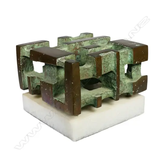 Guy Ngan (1926-2017) '95' (Habitation) - unique bronze sculpture, signed, numbered 95 and dated 1978. Raised on white alabaster base. 143 x 143 x 111mm. Provenance: Private estate Auckland, purchased Wellington c.1980.