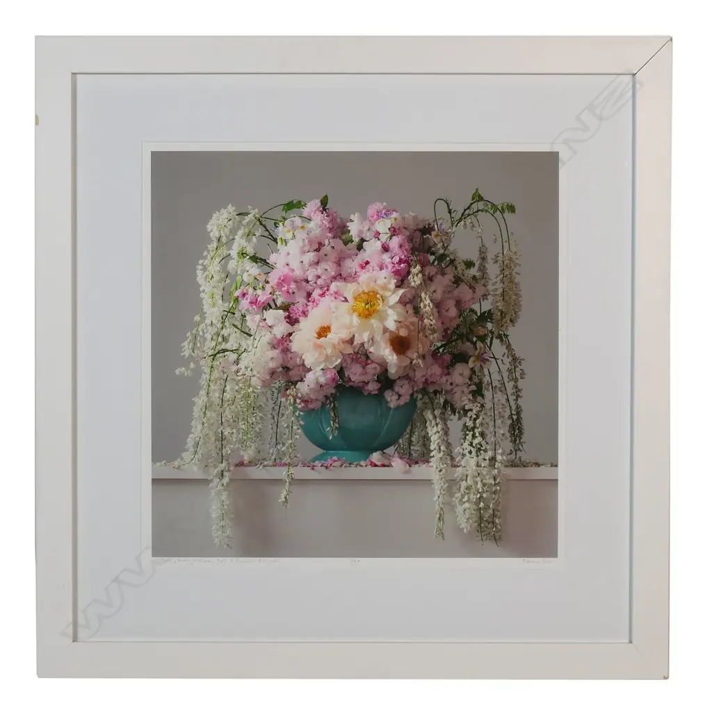 Emma Bass (NZ 1967-) 'Wisteria - Cherry Blossom - Iris & Peonies 8.11am' - limited edition Giclee print,  signed, entitled and numbered 1/20. 470 x 470mm. Frame with minor chips. Image 1++