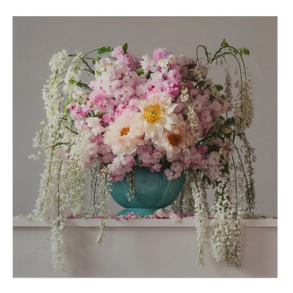 Emma Bass (NZ 1967-) 'Wisteria - Cherry Blossom - Iris & Peonies 8.11am' - limited edition Giclee print,  signed, entitled and numbered 1/20. 470 x 470mm. Frame with minor chips. Image 1++