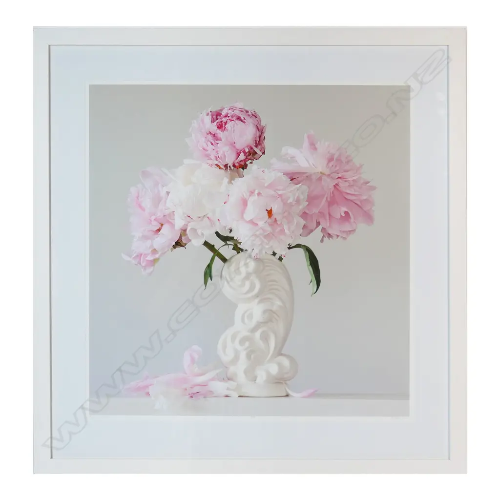 Emma Bass (NZ 1967-) 'Peonies 6.38pm' - limited edition Giclee print. Signed, entitled and numbered 8/8. 820 x 780mm. Frame with minor chips. Image 1++