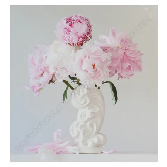 Emma Bass (NZ 1967-) 'Peonies 6.38pm' - limited edition Giclee print. Signed, entitled and numbered 8/8. 820 x 780mm. Frame with minor chips.