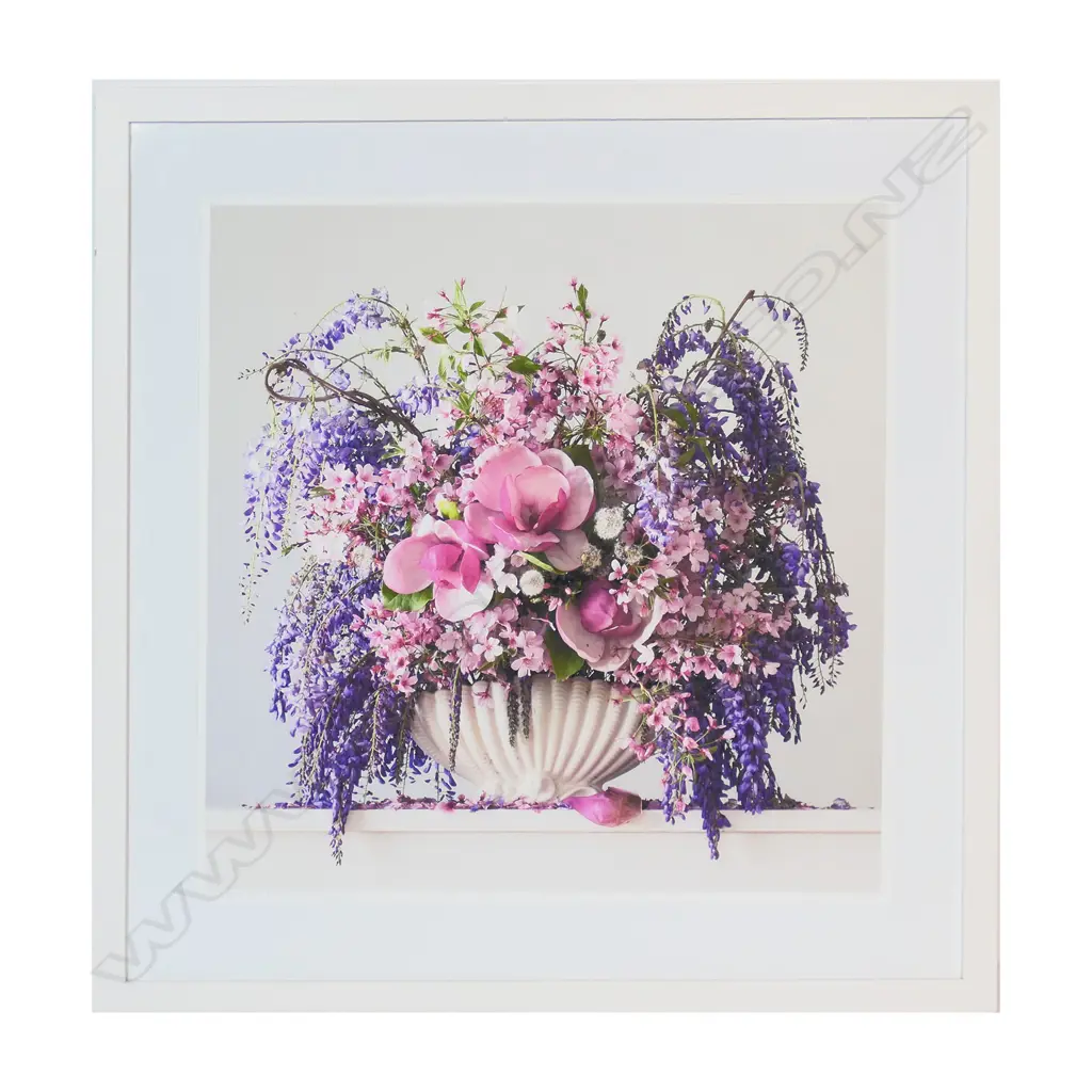 Emma Bass (NZ 1967-) 'Wisteria – Blossom - Magnolia and Dandielion 3.29pm' - limited edition Giclee print. Signed, entitled and numbered 1/1. 820 x 820mm. Frame with minor chips. Image 1++