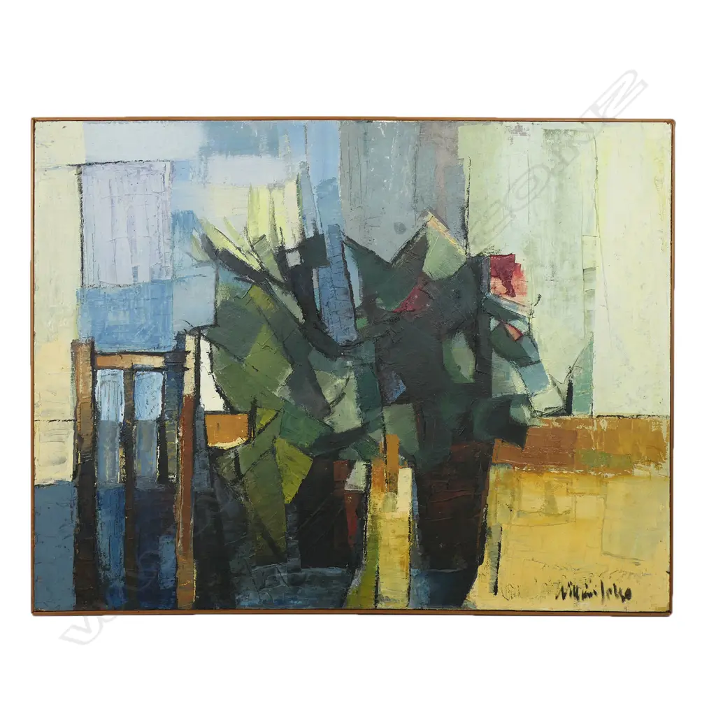 William Jones (UK/NZ 1923-83) 'Still Life' - oil on canvas on board c.1960s, signed. 580 x 760mm. Exhib. Webb's, 1992. John Leech Gallery exhibition label verso; typescript: Purchased from one man exhibition 1963. Note: Jones lived and painted for a time in Auckland in the 1950s. He was included in exhibitions at the Auckland City Art Gallery along with McCahon, Henderson, Mrkusich and others and at the Auckland Society of Arts in 1954, at the New Zealand Academy of Fine Arts between 1952 and 1964 and with The Group in 1958 and 1964. Image 1++