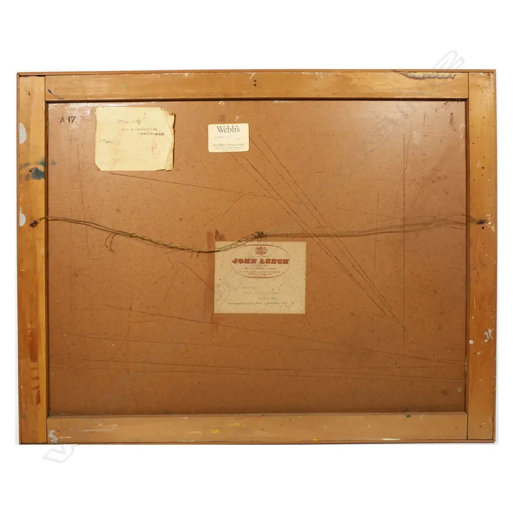 William Jones (UK/NZ 1923-83) 'Still Life' - oil on canvas on board c.1960s, signed. 580 x 760mm. Exhib. Webb's, 1992. John Leech Gallery exhibition label verso; typescript: Purchased from one man exhibition 1963. Note: Jones lived and painted for a time in Auckland in the 1950s. He was included in exhibitions at the Auckland City Art Gallery along with McCahon, Henderson, Mrkusich and others and at the Auckland Society of Arts in 1954, at the New Zealand Academy of Fine Arts between 1952 and 1964 and with The Group in 1958 and 1964. Image 1++