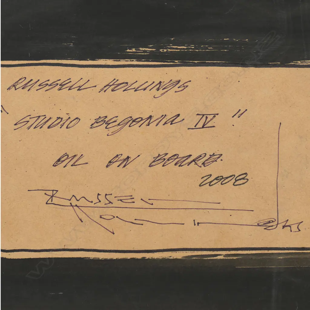 Russell Hollings (NZ 1948-) 'Studio Begonia IV' - oil on board, signed. Entitled and dated 2008 on reverse. 480 x 540mm. Image 1++